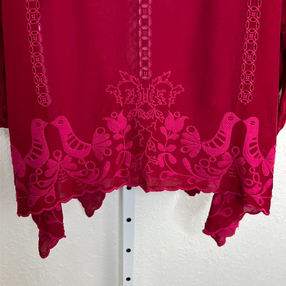 Johnny Was Crimson Blouse fuschia embroidery with Eyelet Trim Long Sleeve Medium - Picture 7 of 16